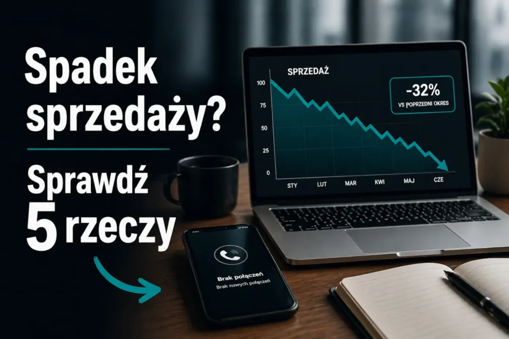 komputer z wykresem na stole z napisem spadek sprzedaży? sprawdź 5 rzeczy